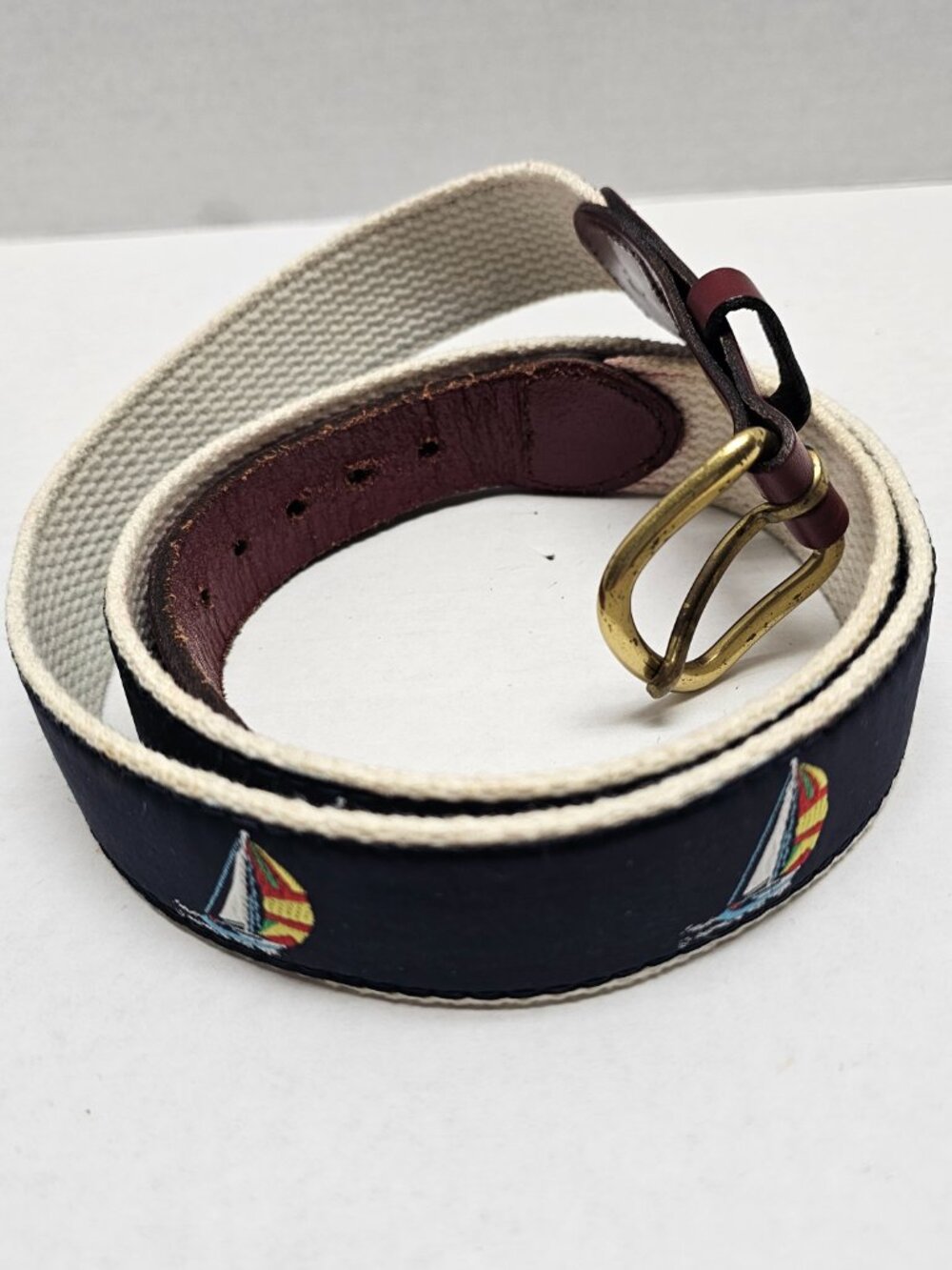 Hand Made in Essex Ct USA SailBoat Nautical Navy Blue Leather Men Brass Belt 40 - Picture 2 of 16